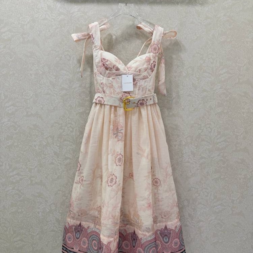 Zimmermann Pink Floral Midi Dress Belted Tie Shoulder Sundress